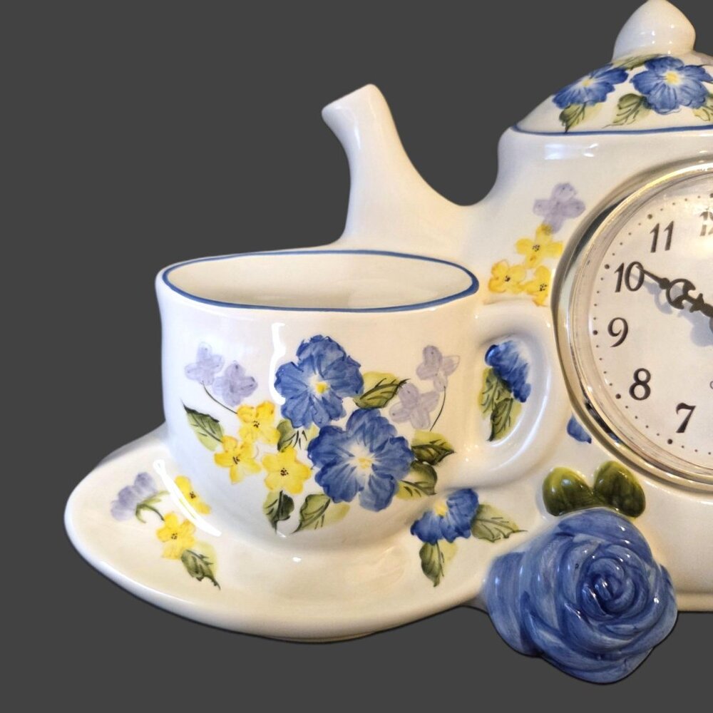 Vintage Ceramic Wall Clock with Blue Flowers - Teapot, Cup, Saucer - Picture 3 of 5